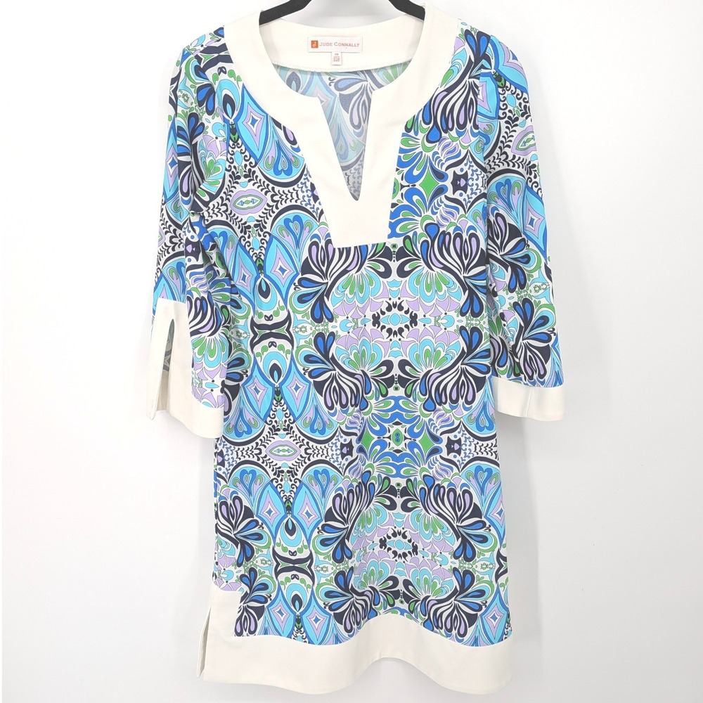Jude Connally Retro 70s Dress Womens XS Blue Paisleyā Print Tunic Shift Coastal